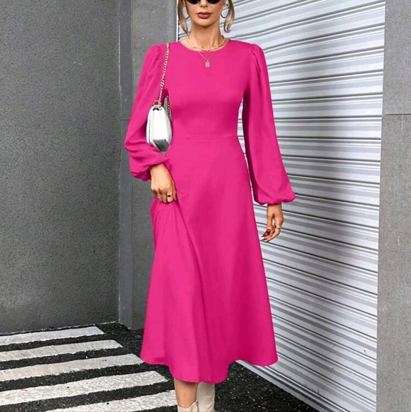 Women's Elegant Round Neck Solid Color Long Sleeve Summer Dress - Picture 2 of 4